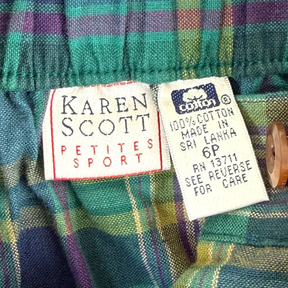 VTG KAREN SCOTT Plaid High Waist Pleated Bermuda Cotton Shorts 6 P Preppy Y2K